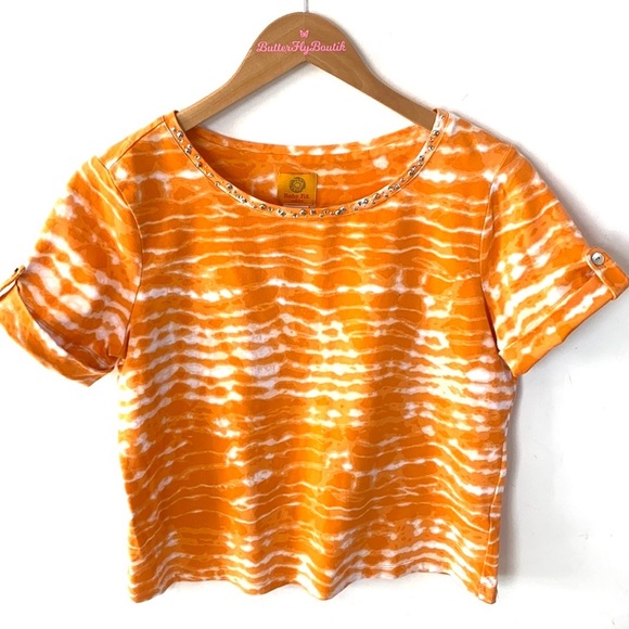 Ruby Rd. short sleeve roll tab orange & white tie-dyed top, Size PL - Picture 4 of 9